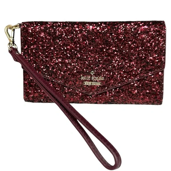 Kate Spade Laurel Way Glitter iPhone Wristlet Wallet Deep Plum Burgundy - Picture 3 of 10